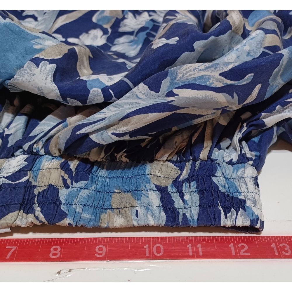 Silk Midi Skirt Womens M Blue Floral Elastic Waist Flowy Coastal Boho Resort - Picture 6 of 7